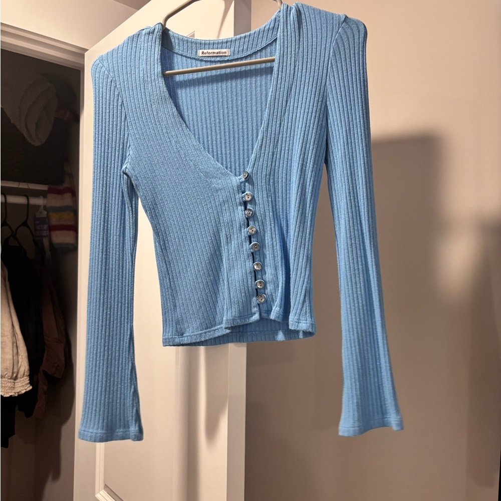 Reformation Blue Ribbed Button-Down Top - Picture 3 of 6